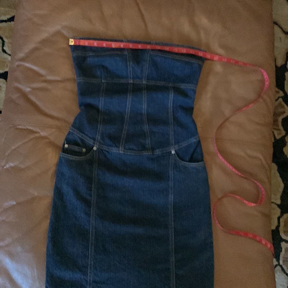 Premise Denim Blue Gold Strapless Pockets Zippered Back Woman’s Dress - Picture 13 of 16